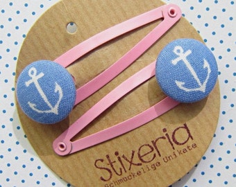 Maritime hair clips anchor blue pink