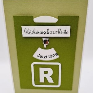Könnte beinhalten: Handgefertigte Rentenkarte mit grünem und weißem Design. Die Karte zeigt den deutschen Text "Glückwunsch zur Rente" und "Jetzt fängt" mit einem großen weißen "R" in einem Quadrat. Die Karte ist mit einem weißen und grünen Rand versehen.