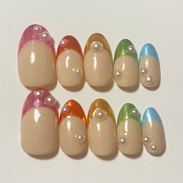 Spring Chrome French Tip Press-on Nails with Pearls | Cute Press-on Nails