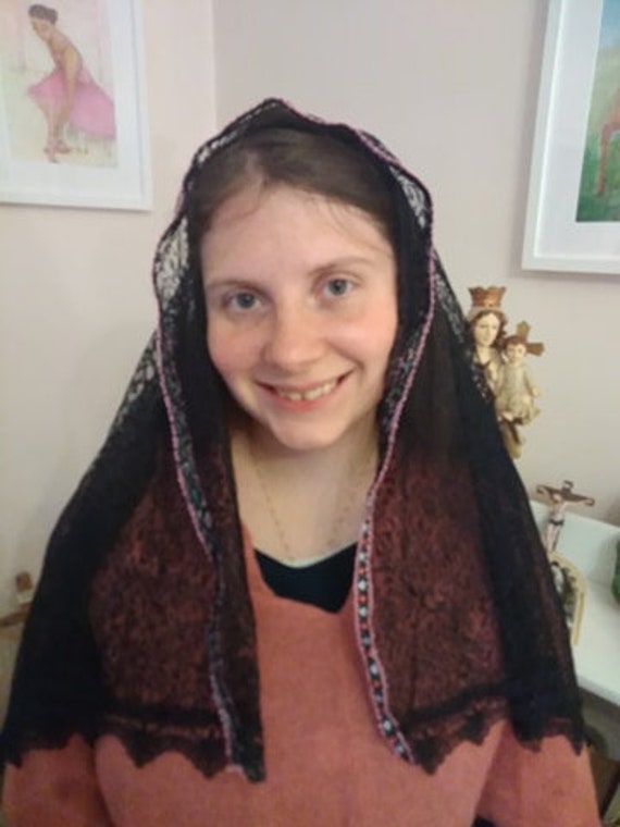 A Black Delicate Mantilla Chapel Veil Flower Edge Our Etsy