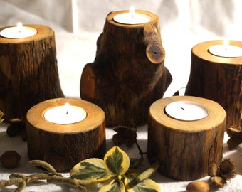 Tealight holder, home decoration made from a solid ash trunk.