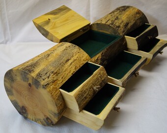 Large jewelry box made from a pine trunk.