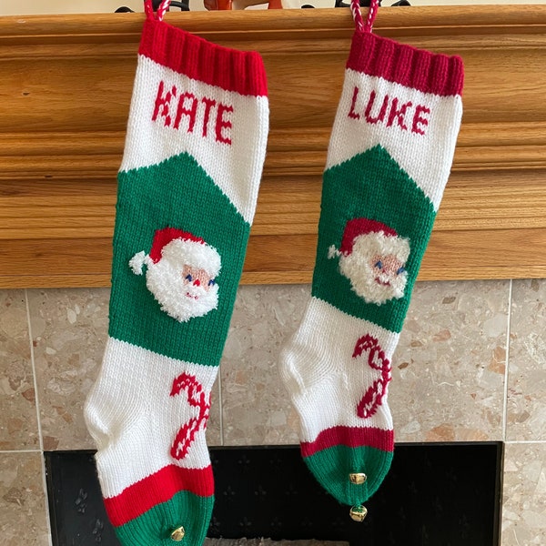 Knitted Christmas stockings personalized, vintage knit Christmas stockings, santa face and candy cane, antique christmas stocking, hand knit