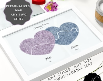 Personalized Two Hearts Map Printable Wedding Gift, Customized First Anniversary Gifts, Special Dates Anniversary Gift,