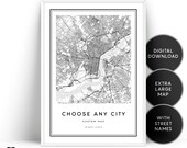 Custom Map Printable Wall Art, Choose City Map, Any City Map, Custom Map Wall Art Print, Personalized Map, Map Gift Wall Art, Customized Map