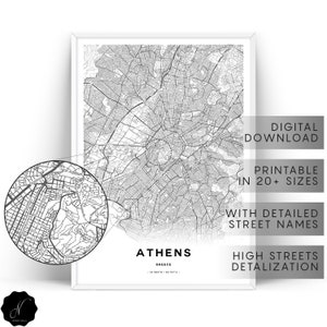 Athen Stadt Karte Drucken, Athen Karte drucken, Karte Geschenke, Athen Karte Wandkunst, druckbare Karte von Athen, druckbare Wandkunst, Athen Griechenland Karte