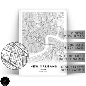 Impressões de mapa de Nova Orleans, mapas como arte, mapa para impressão de impressões de arte de parede de Nova Orleans, arte de parede para impressão de mapa da cidade de Nova Orleans, presentes de mapa da cidade