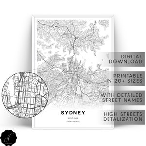 Impressão de mapa de Sydney, mapas como arte, impressões de arte de parede de mapa da cidade de Sydney, presentes de mapa, mapa para impressão de arte de parede de Sydney, arte para impressão de mapa de ruas de Sydney