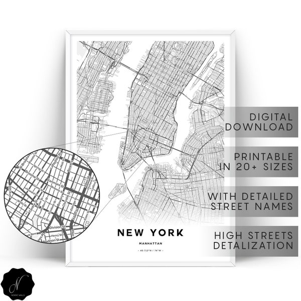 New York Map Print, Manhattan Map Print, Map Gifts, Map As Art New York City Map Print, Printable Map Of New York, NY Map Printable Wall Art