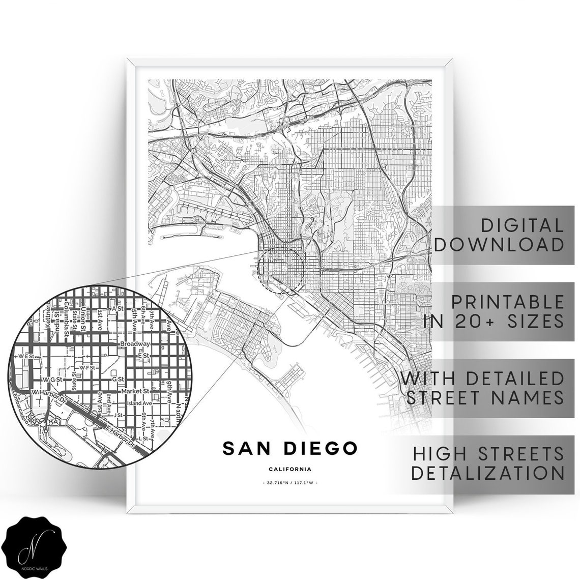 San Diego Map Print Maps as Art Printable Map of San Diego - Etsy