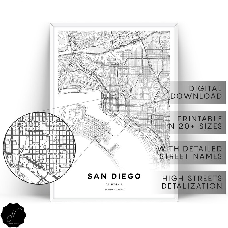 San Diego Map Print Maps as Art Printable Map of San Diego - Etsy