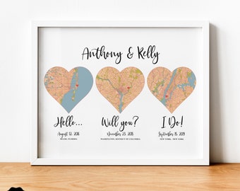 3 Heart Map Print Met Engaged Married Wedding Anniversary Gift For Couple, Hello Will You I Do , First Anniversary Gift, Cotton Anniversary