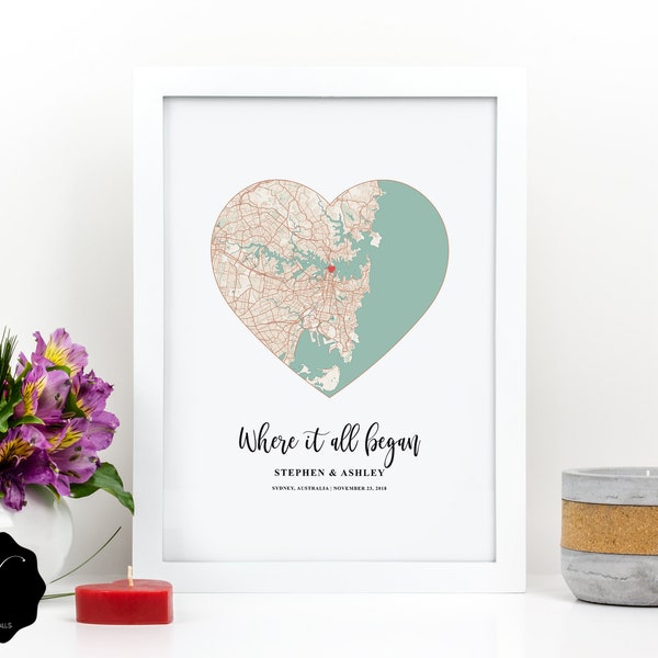 Where It All Began Personalized Custom Heart Map Digital Print, Custom City Map Anniversary Gift, Where We Met Map, Special Place Map Print