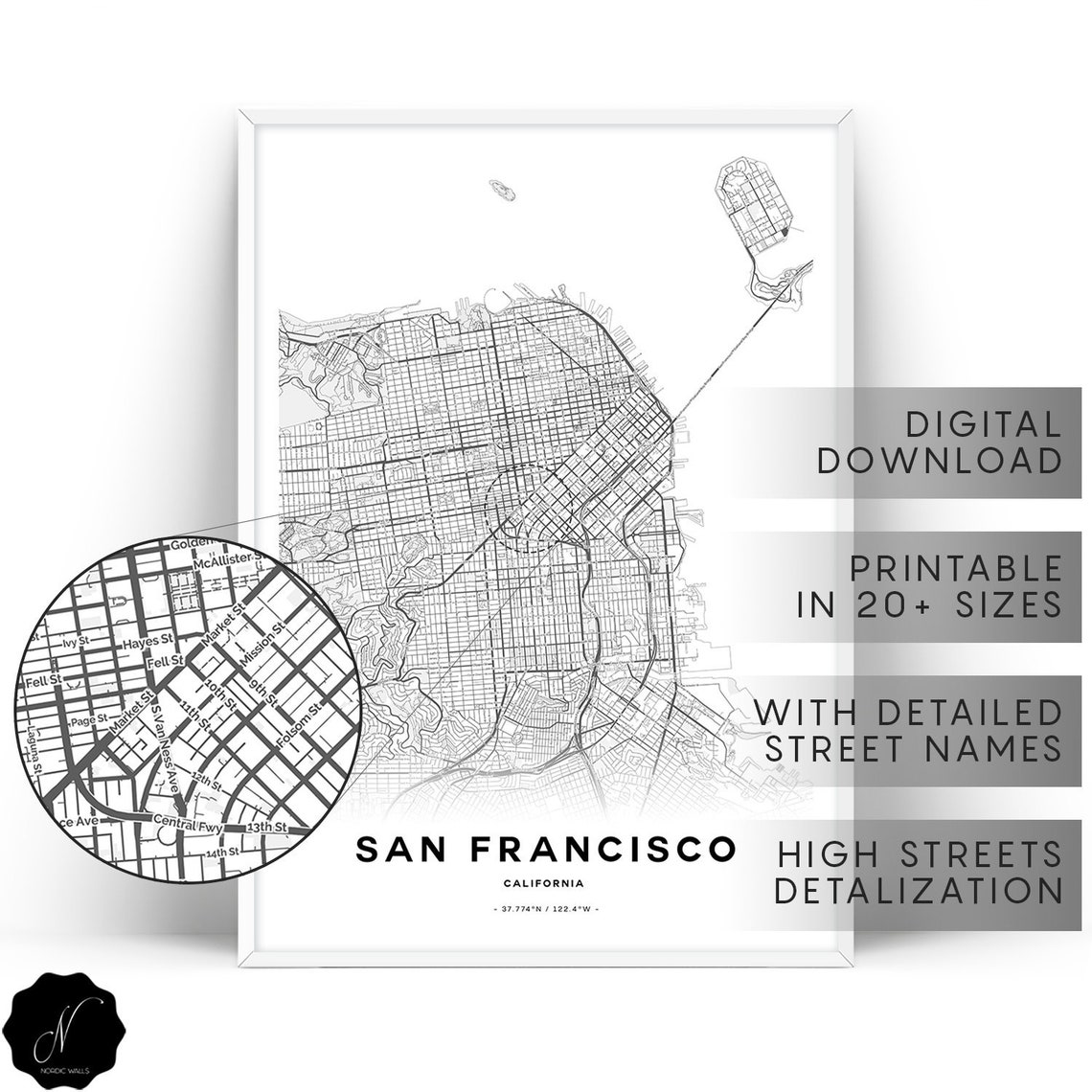 San Francisco Map Printable Wall Art Map as Art Printable | Etsy