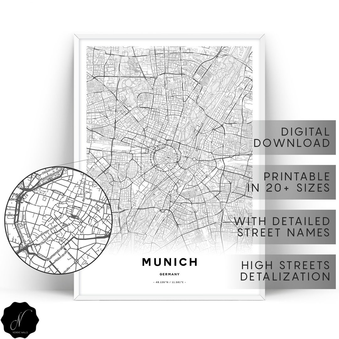 Munich Map Printable Wall Art, Maps as Art, Printable Map of Munich ...