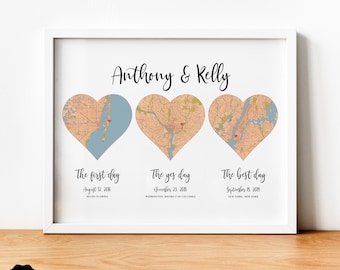 The First Day, The Yes day, The Best Day, 3 Heart Map Print, Met Engaged Married First Anniversary Gift For Couple, Hello Will You I Do