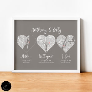 Hello Will You I Do Our Love Story 3 Herz Karte Druck, Ein Jahr Jubiläum Geschenk für Paar, Met Verlobt Erster Jahrestag Geschenk