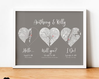 Hello Will You I Do Our Love Story 3 Herz Karte Druck, Ein Jahr Jubiläum Geschenk für Paar, Met Verlobt Erster Jahrestag Geschenk