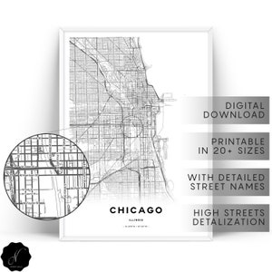 Chicago carte imprimée, carte cadeaux, carte de la ville de Chicago Wall Art, carte imprimable de Chicago Wall Art estampes, carte comme de l’Art, rue de Chicago Carte imprime