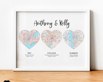 Met Engaged Married 3 Heart Map Digital Print, Newlywed Gift, Wedding Gift for Couple, Hello, Will You, I Do, First Anniversary Gift