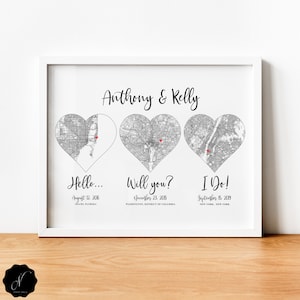 Carte des trois cœurs, carte des fiancés mariés rencontrés, dates de relation, cadeau de date importante, cadeau d’anniversaire de mariage pour couple, bonjour je le ferai