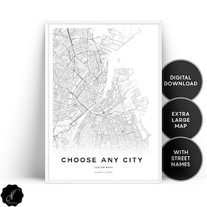 Impressão de mapa de cidade personalizado, presente de mapa personalizado, mapa personalizado, impressão de mapa personalizado, arte de parede de mapas personalizados, arte de mapa de cidade imprimível com nomes de ruas