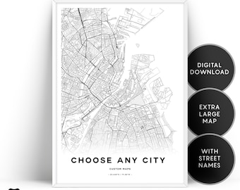 Custom City Map Print, Custom Map Gift, Personalized Map, Custom Map Print, Custom Maps Wall Art, Printable City Map Art With Street Names