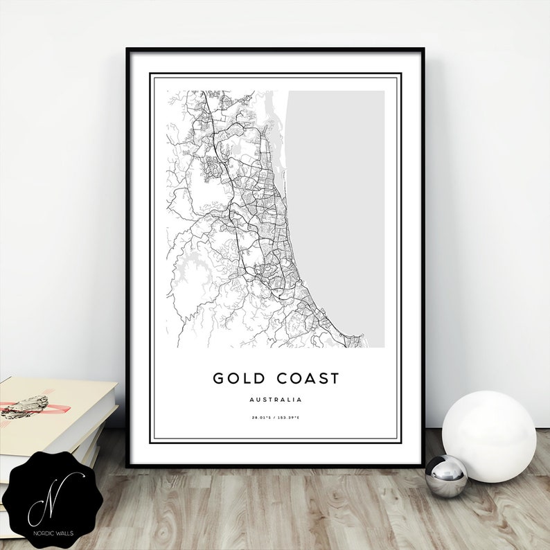 Gold Coast Map Print Map Of Gold Coast Wall Art Prints Gold Etsy