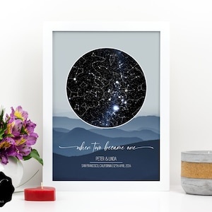 Mapa de estrellas personalizado, Arte del mapa de constelaciones, Impresión de mapas estelares, Mapa de estrellas por fecha, Impresión de cielo nocturno, Dónde conocimos el mapa de estrellas, Cuando dos se convirtieron en uno