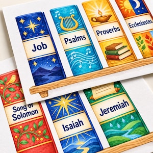 May include: A set of illustrated bookmarks featuring biblical book titles including Job, Psalms, Proverbs, Ecclesiastes, Song of Solomon, Isaiah, and Jeremiah. Each bookmark displays colourful thematic artwork such as stars, harps, oil lamps, and nature scenes.