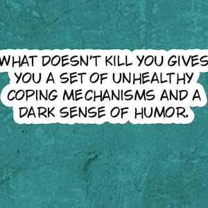 Sarcastic funny stickers, water bottle stickers, What doesn't kill you … unhealthy coping mechanisms and a dark sense of humor