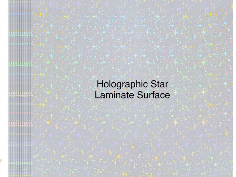 May include: A silver background with a holographic star pattern. The text "Holographic Star Laminate Surface" is printed in black.