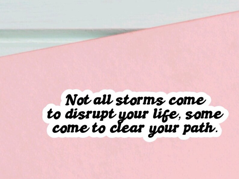 May include: A pink background with a white sticker that reads "Not all storms come to disrupt your life, some come to clear your path."