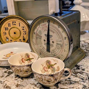 May include: A vintage Hanson Model 1509 postal scale with a circular dial, two cream-colored ceramic teacups featuring brown and green bird illustrations, a round clock face with black numerals, and a shallow white dish with a colorful graphic.