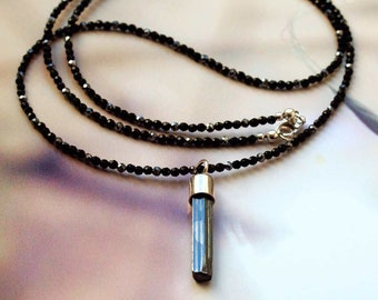 Long Onyx Necklace with Antimonite Crystal Pendant, Silicon Beads, Silver