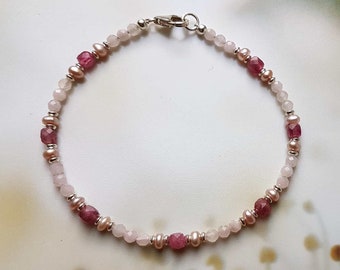 Armband aus rosa Turmalin (Rubellit), rosa Perlen, Rosenquarz, Silber