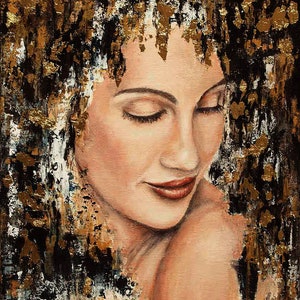 Portrait mit Gold, Ölfarbe, Acryl und Goldfolie, Unikat, Original, handgemalt