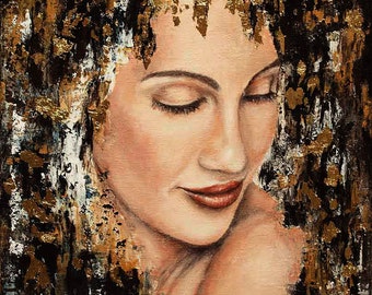 Portrait mit Gold, Ölfarbe, Acryl und Goldfolie, Unikat, Original, handgemalt