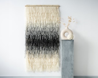 Boho Wall Art - Modern Woven Tapestry - Black Cream Wool - Natural Bamboo Rod - Japandi Minimalist Textile Art for Home - Elegant - Gerhana