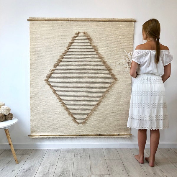 100% laine wool wolle tapestry, knitting tapestry wall hanging, dip dyed yarn wall hanging, bed room wall frames, großer makramee wandbehang