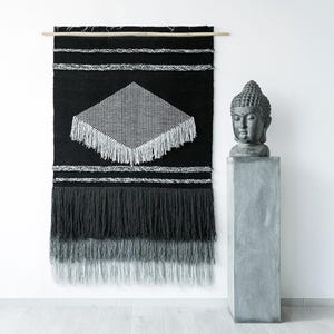 Large Black Wall Tapestry - Handwoven Diamond Geometric Wall Hanging - Boho Statement Wall Art - Modern Home Decor - Fringe Wall Art