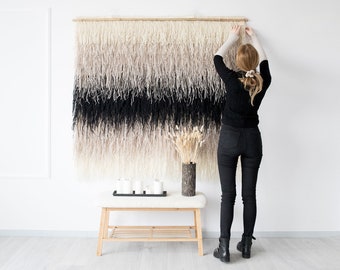 Shaggy Woven Wall Hanging - Black and Beige Wool Wabi Sabi Tapestry - Shaggy Nude