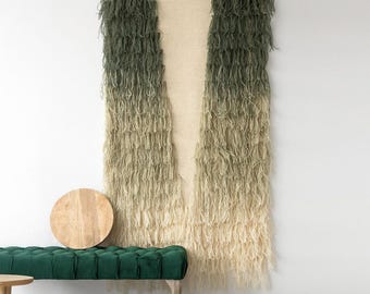 Ombre Shaggy Wool Tapestry - Handwoven Framed Fiber Art - Japandi Living Room Wall Decor - Painted Woven Textile Art Wall Hanging - Zafer