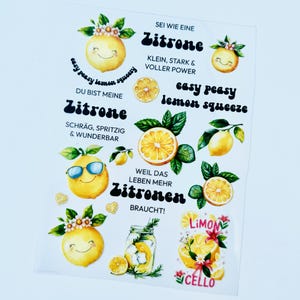 Rub-On Sticker A5 Zitrone mit Sprüchen – Randlose Transfersticker für DIY, Journaling, Bullet Journal, Karten & Raysin