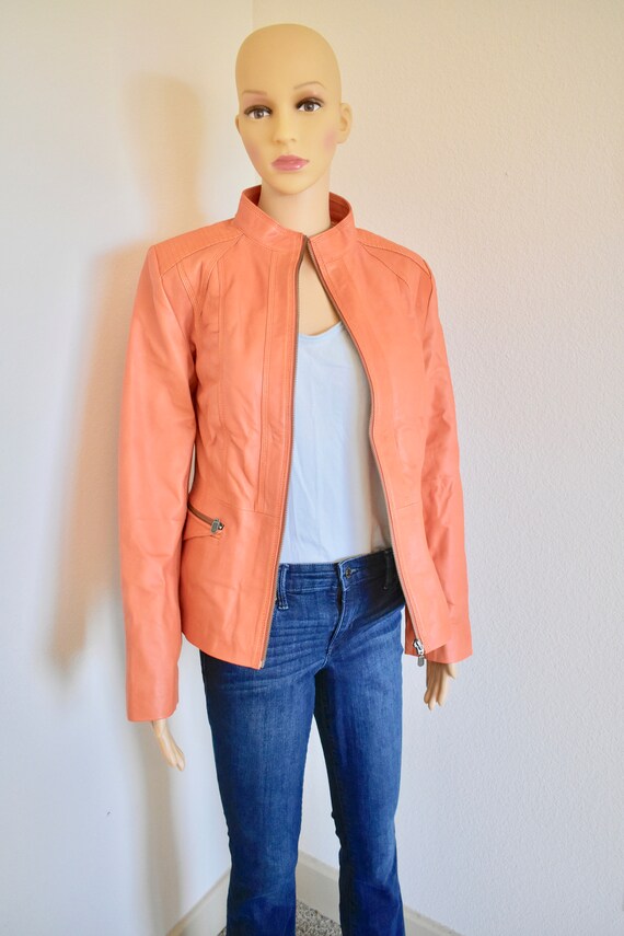 Women's Peach Leather Jacket, Bright and Vibrant Coloured, Beautiful Lining and details, Biker Jacket, Medium Sized, Front Zipper, Stylish