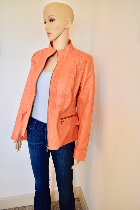 Women's Peach Leather Jacket, Bright and Vibrant Coloured, Beautiful Lining and details, Biker Jacket, Medium Sized, Front Zipper, Stylish