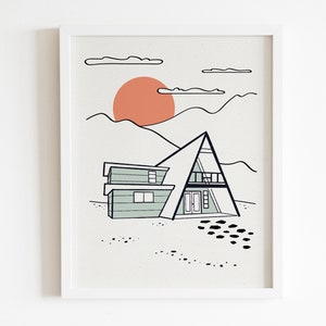 Beach A-Frame Print, Midcentury Poster, Atomic Age Decor, Beach Sunset Print, 8x10