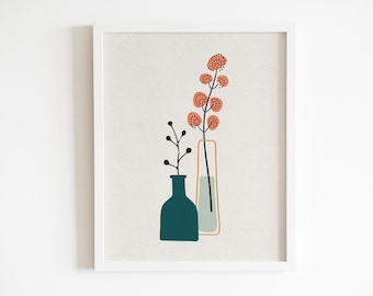 Op de afbeelding: Een ingelijste wandkunstprint met een donkerblauwe fles met een zwarte tak en een hoge, dunne vaas met gele omlijning, bevattende een lichtgroene basis en een steel met meerdere ronde, koraalkleurige, gestippelde bloemhoofdjes op een lichte achtergrond.
