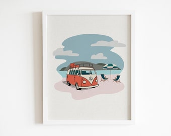 Beach Camper Print (3 of 3), VW Camper Van Illustrated Poster, 8x10