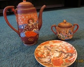 Vintage Japanese Moriage Satsuma Tea Pot, Sugar Bowl and saucer